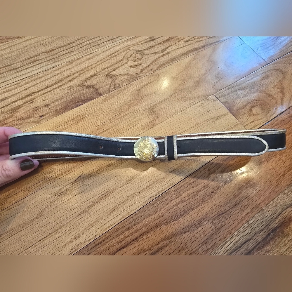 Vtg Polo Ralph Lauren Leather 2 Tone Belt Brass Nautical Buckle Womens 28 Navy